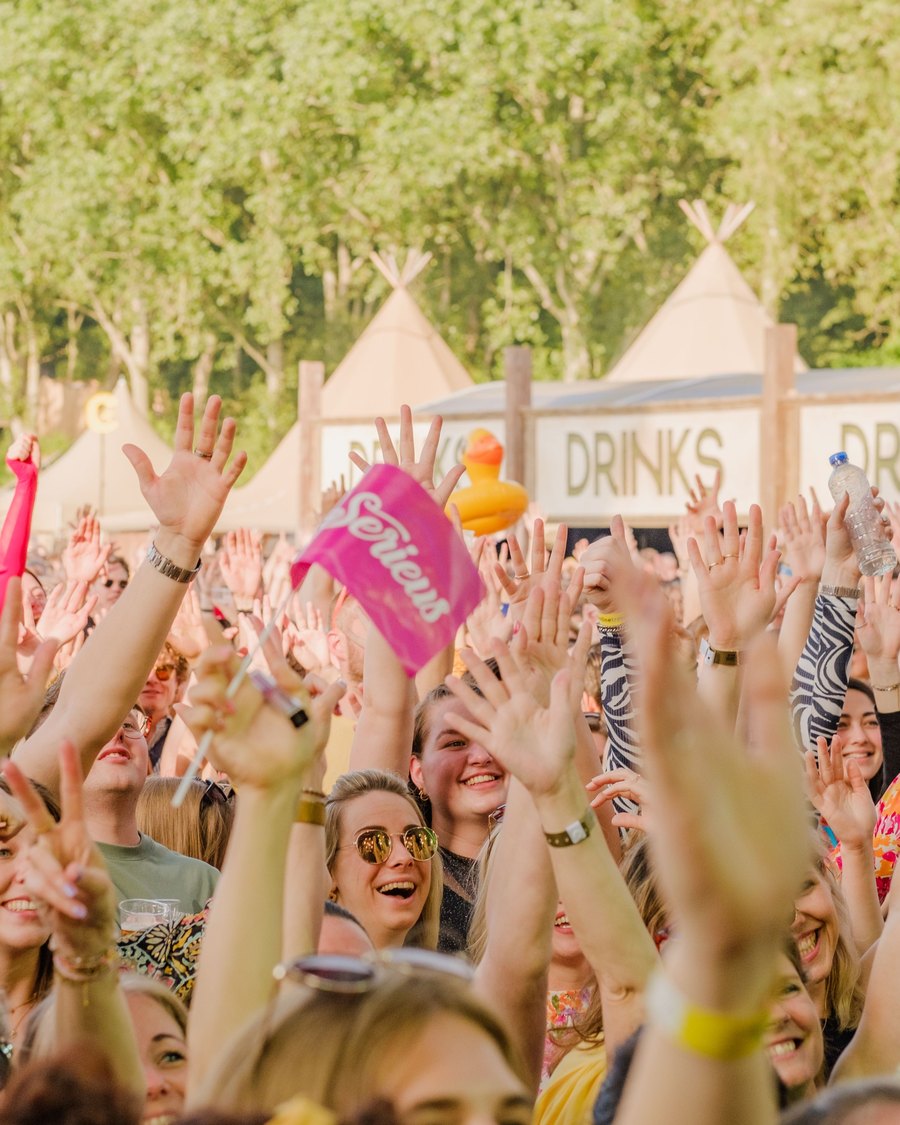 Festival crowd with hands raised